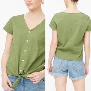J. Crew Green Textured Tie Front Short Sleeve Cotton Knit Button Top Size XXS